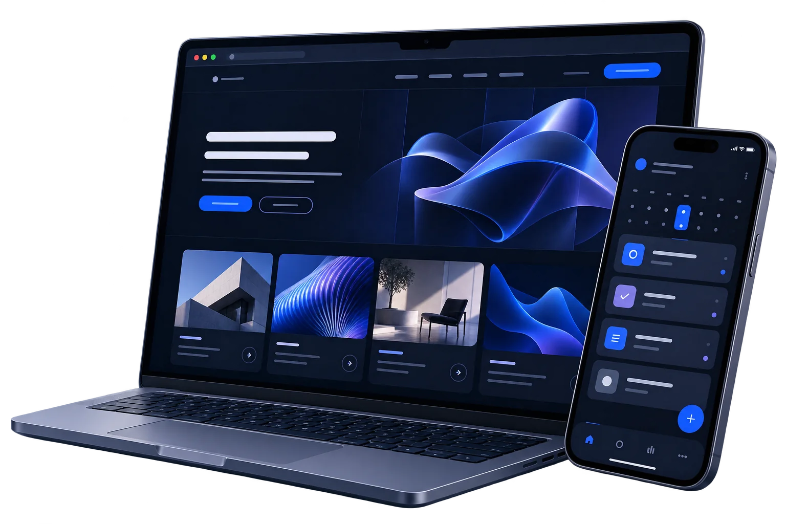 Illustration of a website on a laptop and a mobile app on a smartphone